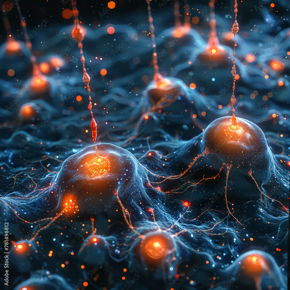 Poster a close up of a blue and orange brain with many small glowing dots. concept of complexity and myster
