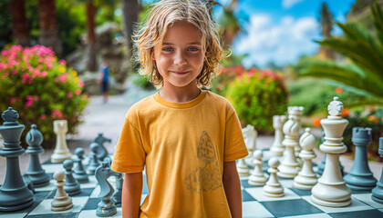 A cheerful young boy stands confidently among oversized chess pieces, the game set in an inviting outdoor plaza with vibrant flowers