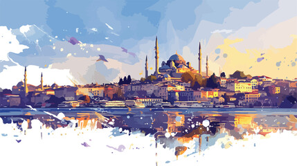 Istanbul City Skyline. Watercolor splash with sketc