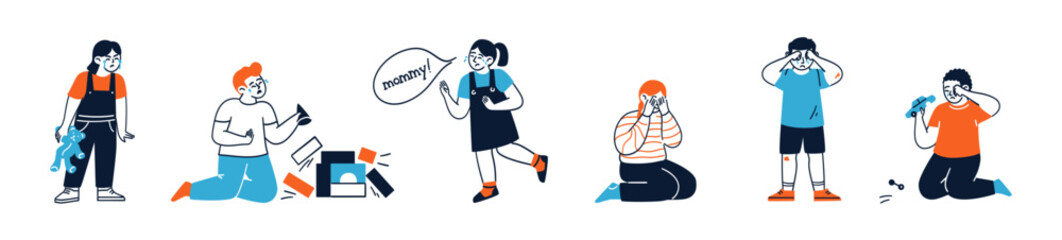 Isolated set of unhappy sad children crying feeling negative emotion