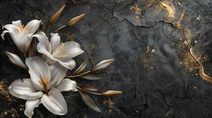 Elegant white lilies with golden accents set against a dark, textured background with gold splatters. A modern and artistic floral display.