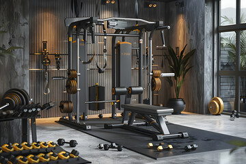 High-End Multipurpose Training Machine in a Well-Equipped Gym - obrazy, fototapety, plakaty