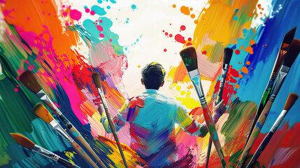 Vivid Verve: A colorful artist surrounded by vibrant paints and brushes, showcasing creativity in full bloom and artistic passion - obrazy, fototapety, plakaty