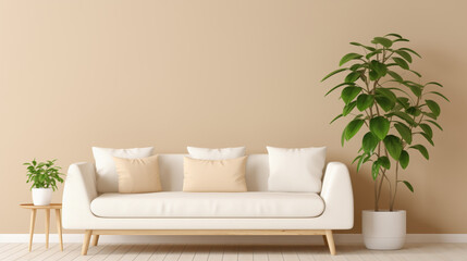 A minimalist living room with a white sofa, cushions, a wooden table, and a potted plant.