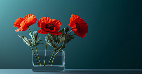 Bouquet of red poppies on a green background.