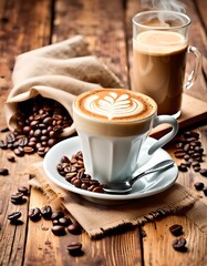 A delicious frothy coffee latte, sitting on a folded napkin, on a wooden surface with brown sugar and coffee beansartfully displayed nearby, rustic and charming presentation.
