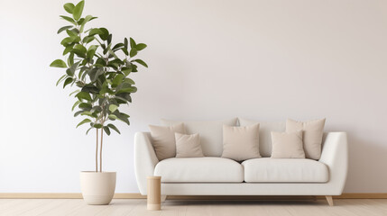 Modern white sofa with beige cushions and a large green potted plant in an indoor setting.