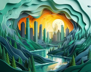 a dynamic die-cut design! Imagine a futuristic cityscape merging with natural elements Create a visually striking image