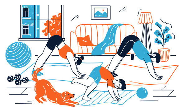 Parents, son and pet dog training yoga at home vector illustration