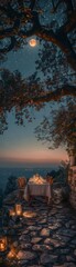 atmosphere of a moonlit dinner in a trackingshotview Show a table elegantly set under the stars with a soft glow illuminating the scene Highlight the romantic