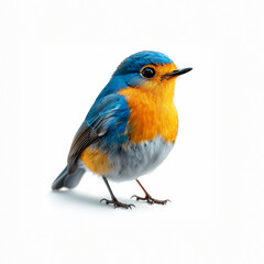 Small Blue and Yellow Bird on White Surface. Generative AI