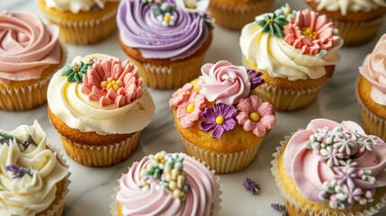 Deliciously Decorated Cupcakes with Colorful Frosting and Flowers