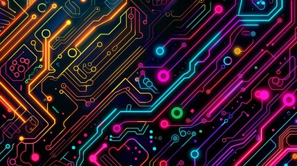 Printed circuit board texture, bright neon color, chip background and pattern, digital technology - obrazy, fototapety, plakaty