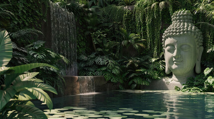 Tranquil Oasis: A serene portrait set against a backdrop of lush greenery or a tranquil water feature, evoking a sense of peace and relaxation