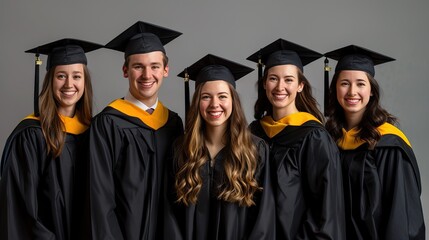 "Radiant smiles! Five Caucasian grads in academic dress, studio lit.