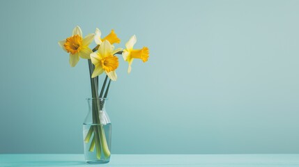 Yellow daffodils in a glass vase on the table, on a blue background, an empty copy space for text - obrazy, fototapety, plakaty
