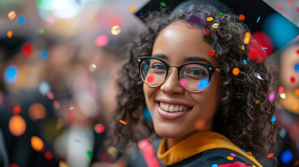Joyful graduate with colorful confetti around, wearing glasses and a graduation cap. - obrazy, fototapety, plakaty