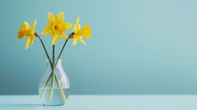 Yellow daffodils in a glass vase on the table, on a blue background, an empty copy space for text