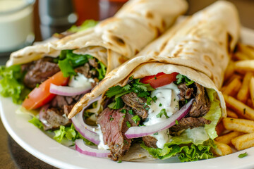 Delicious Beef Gyro Wrap with Tzatziki and Fresh Vegetables