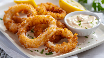 Crispy Calamari Rings with Lemon and Sauce on Plate