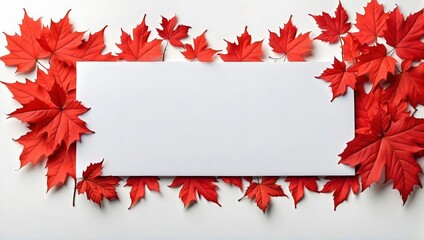 Bright red maple leaves scattered around a blank paper, creating a beautiful autumn-themed background, frame, space for text, copy space