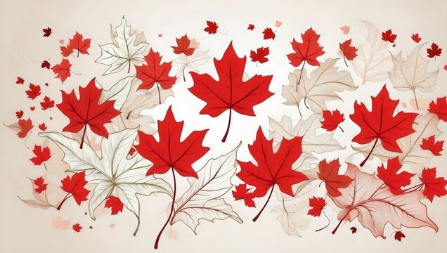 A bunch of red maple leaves on a beige background, showcasing the beauty of autumn, white grunge backdrop, drawing illustraion