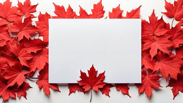 Red maple leaves and white paper on a plain background, A vibrant autumn scene with contrasting colors, frame, space for text, copy space