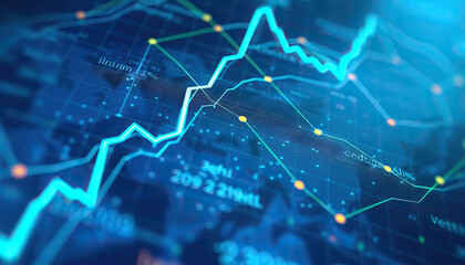 Financial Market Trends: Line graph illustrating stock market fluctuations, cryptocurrency adoption, and fintech innovations. Financial market analysis concept