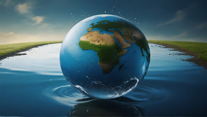 An Earth on water splash on the ground with water droplets, globe, ecology, nature, planet concepts, drop