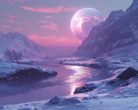 a serene landscape within the Habitable Zone of a newly discovered exoplanet Use soft pastel colors, ethereal lighting effects, and mystical elements