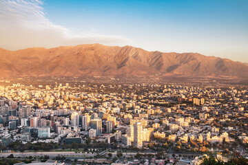 Aerial view of downtown Santiago and Andes Mountains at sunset - Santiago, Chile