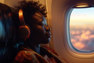 an African woman sits aboard an airplane, immersed in music through her headphones
