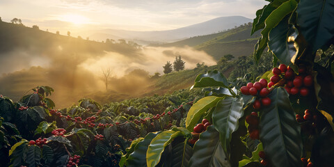 Morning sun shines over coffee plantation or farm. Red raw berries on small shrubs in foreground;...