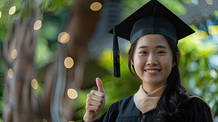 Elegant graduate. Asian charm, thumbs up. Inspire with sophistication