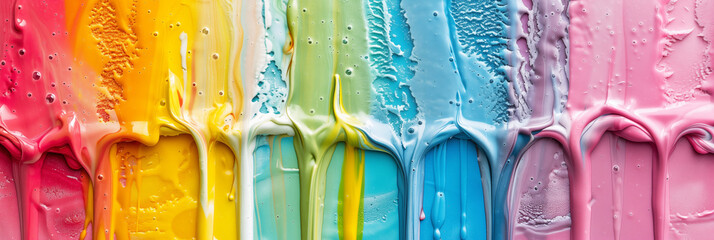 Vibrant streaks of multicolored paint flowing down, melting ice cream colorful texture, background banner. Panoramic web header. Wide screen wallpaper