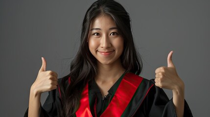 Elegant graduate. Asian charm, thumbs up. Inspire with sophistication - obrazy, fototapety, plakaty