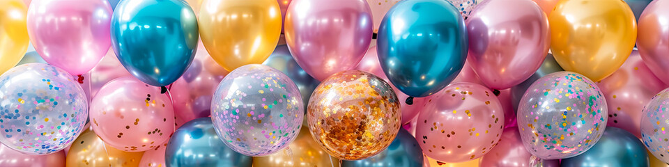 free space on the left corner for title banner with a colorful balloons. - obrazy, fototapety, plakaty