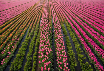 field of pink tulips arial shoot 