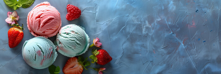 Colorful ice cream scoops with fresh berries and mint on blue textured background with copy space...