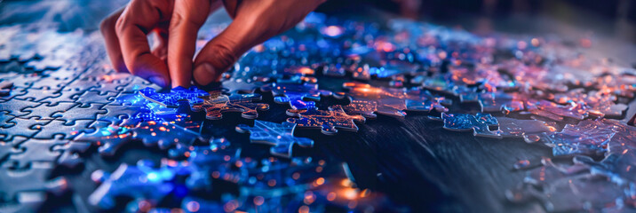 Hands engaging with a glowing jigsaw puzzle, pieces forming a circuit pattern, representing connectivity and innovation. Blockchain artificial intelligence. Development programming. Banner. Copy space