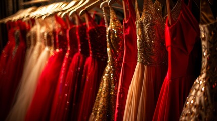 a rack of vibrant prom dresses, including shades of red and gold, are beautifully displayed on hangers 
