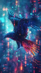 CyberGriffin navigates the digital realm with ease, his silhouette illuminated by neon lights amidst streams of data, embodying the fusion of technology and fantasy.
