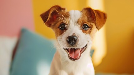 Charming Puppy with Colorful Backdrop, Beaming at Camera