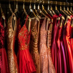 a rack of vibrant prom dresses, including shades of red and gold, are beautifully displayed on hangers 

