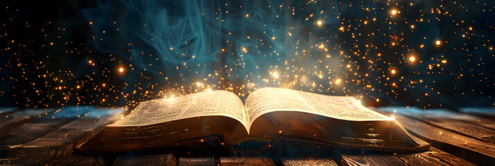 A book with a glowing pages and a glowing light in the background. 