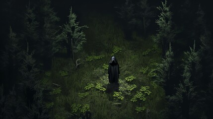Fototapeta premium Craft a spine-chilling scene with unexpected camera angles showing a ghostly figure lurking in a dark forest from a birds-eye view Opt for pixel art for a unique, unsettling effect,
