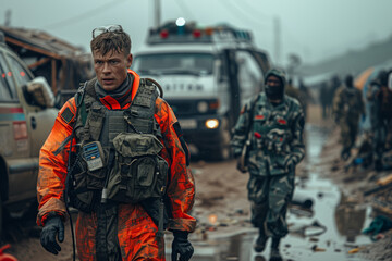 Fototapeta premium Aid workers providing medical care to refugees, addressing health needs in challenging environments. Concept of healthcare access and humanitarian assistance. Generative Ai.