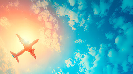 free space on the left corner for title banner with an airplane against a background of blue sky with clouds.