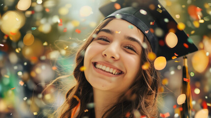 A cheerful young woman in graduation attire, with a happy expression and bokeh lights.