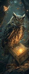 Merge the elements of an ancient book, an owl, and a glowing light to symbolize wisdom and knowledge Make the design mystical yet modern